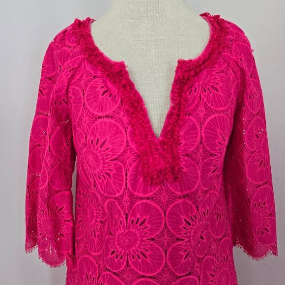 Trina Turk Hot Pink 3/4 Sleeves V Neck Lace Lined Mini Dress Sz 0 (645) - Picture 2 of 8